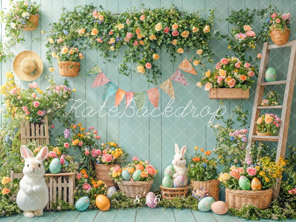 Kate Easter Bunny Floral Eggs Garden Green Fleece Backdrop Designed by Emetselch - Image 2