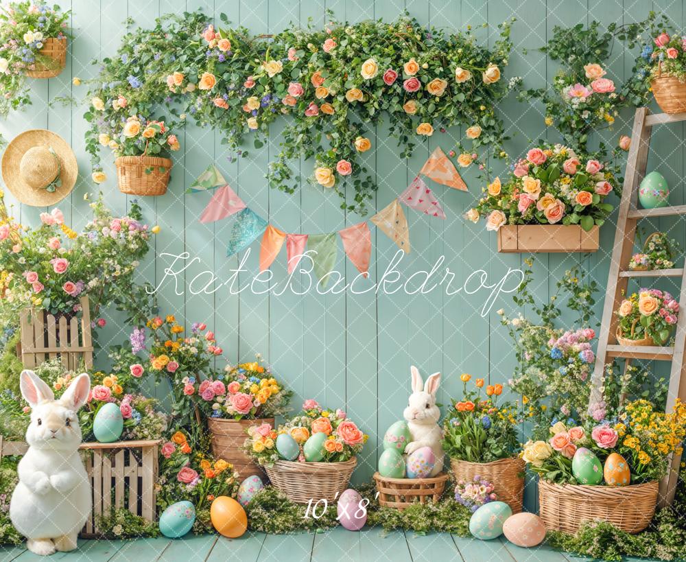 Kate Easter Bunny Floral Eggs Garden Green Fleece Backdrop Designed by Emetselch - Image 3