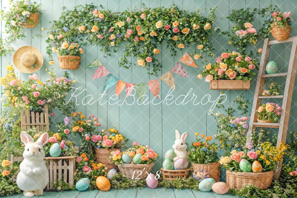 Kate Easter Bunny Floral Eggs Garden Green Fleece Backdrop Designed by Emetselch - Image 4