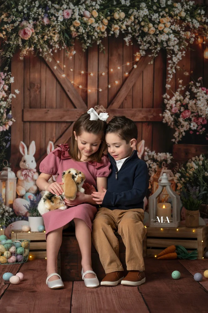 Kate Easter Bunny Floral Eggs Wood Backdrop Designed by Emetselch - Image 3