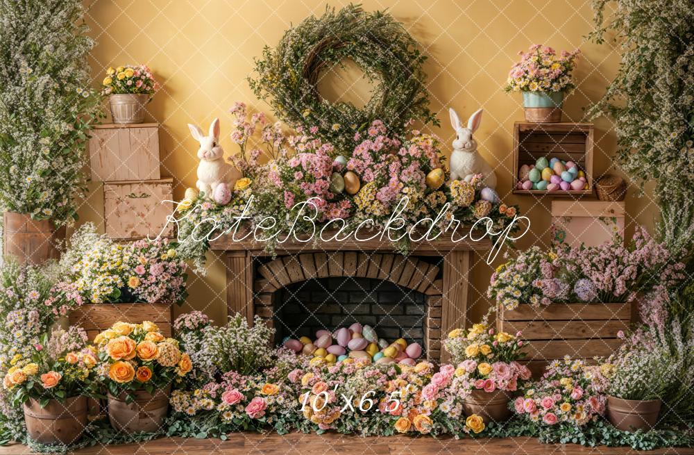 Kate Easter Bunny Floral Fireplace Fleece Backdrop Designed by Emetselch - Image 2