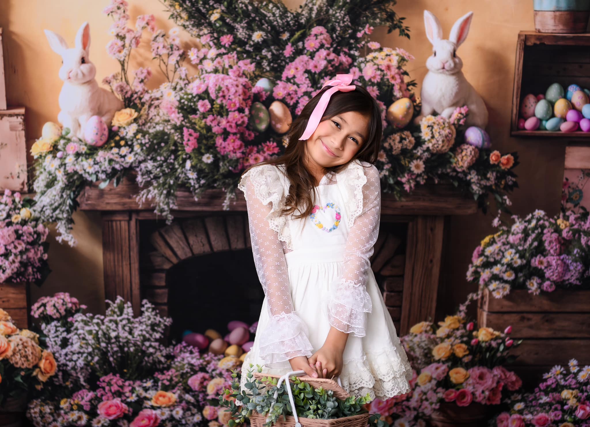 Kate Easter Bunny Floral Fireplace Fleece Backdrop Designed by Emetselch - Image 3