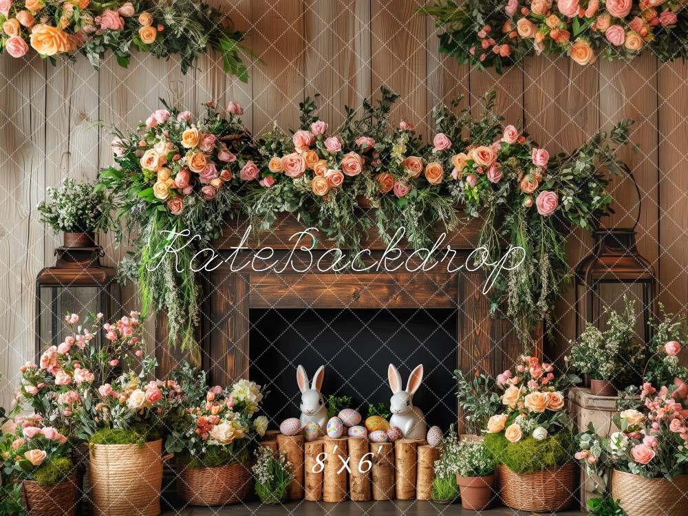 Kate Easter Bunny Floral Fireplace Wood Backdrop Designed by Patty Robert - Image 3