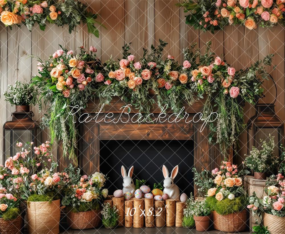 Kate Easter Bunny Floral Fireplace Wood Backdrop Designed by Patty Robert - Image 5