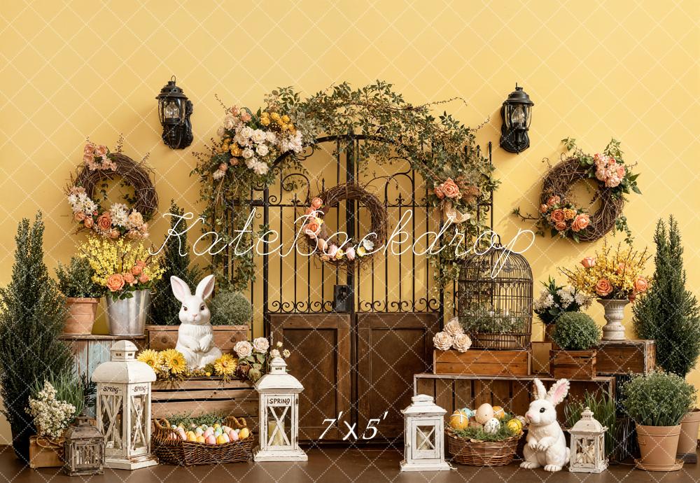 Kate Easter Bunny Floral Gate Lanterns Yellow Backdrop Designed by Emetselch