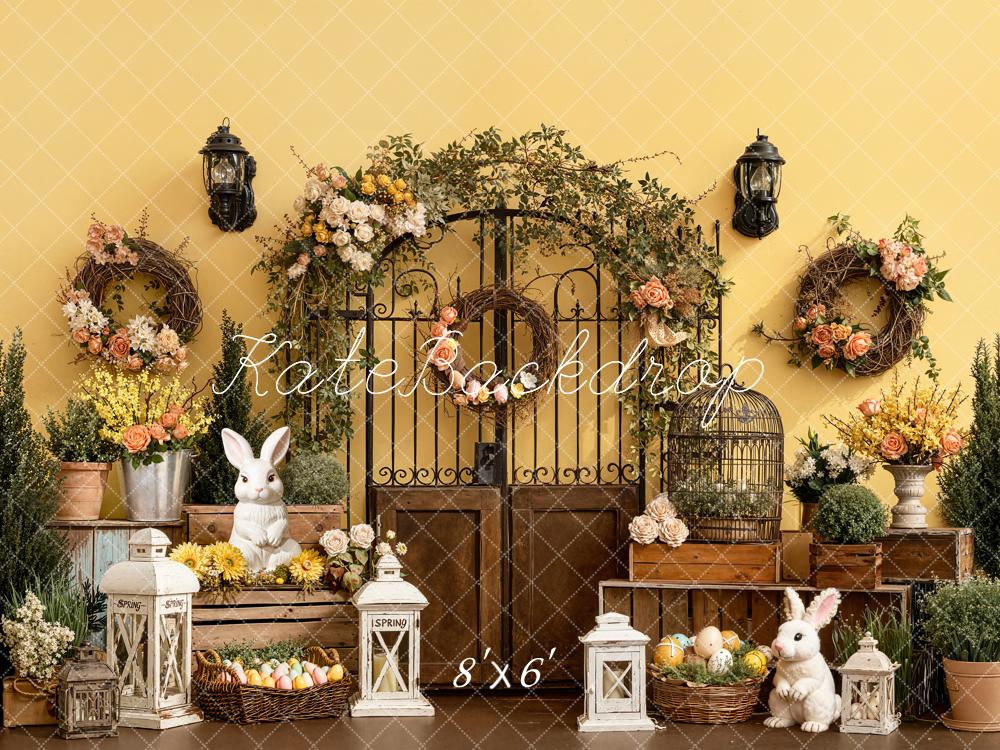 Kate Easter Bunny Floral Gate Lanterns Yellow Backdrop Designed by Emetselch - Image 3