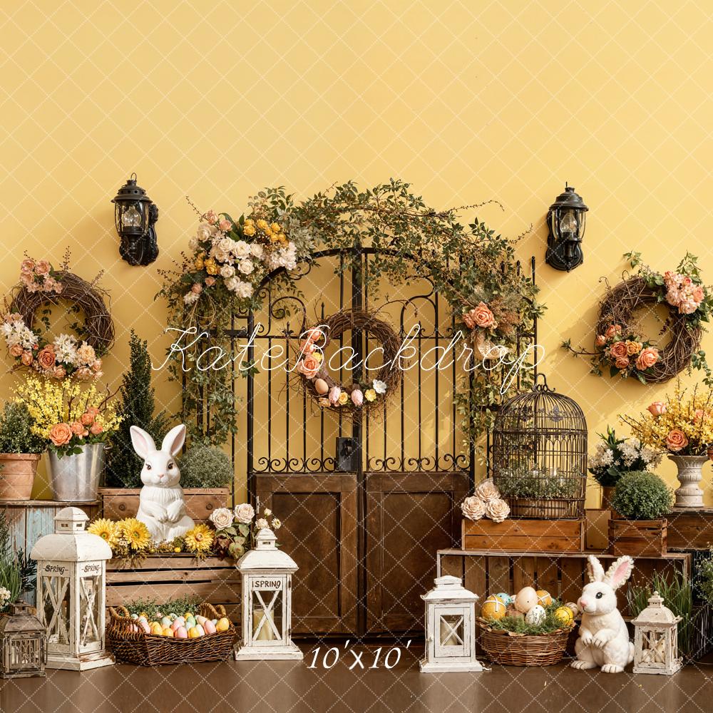 Kate Easter Bunny Floral Gate Lanterns Yellow Backdrop Designed by Emetselch - Image 7