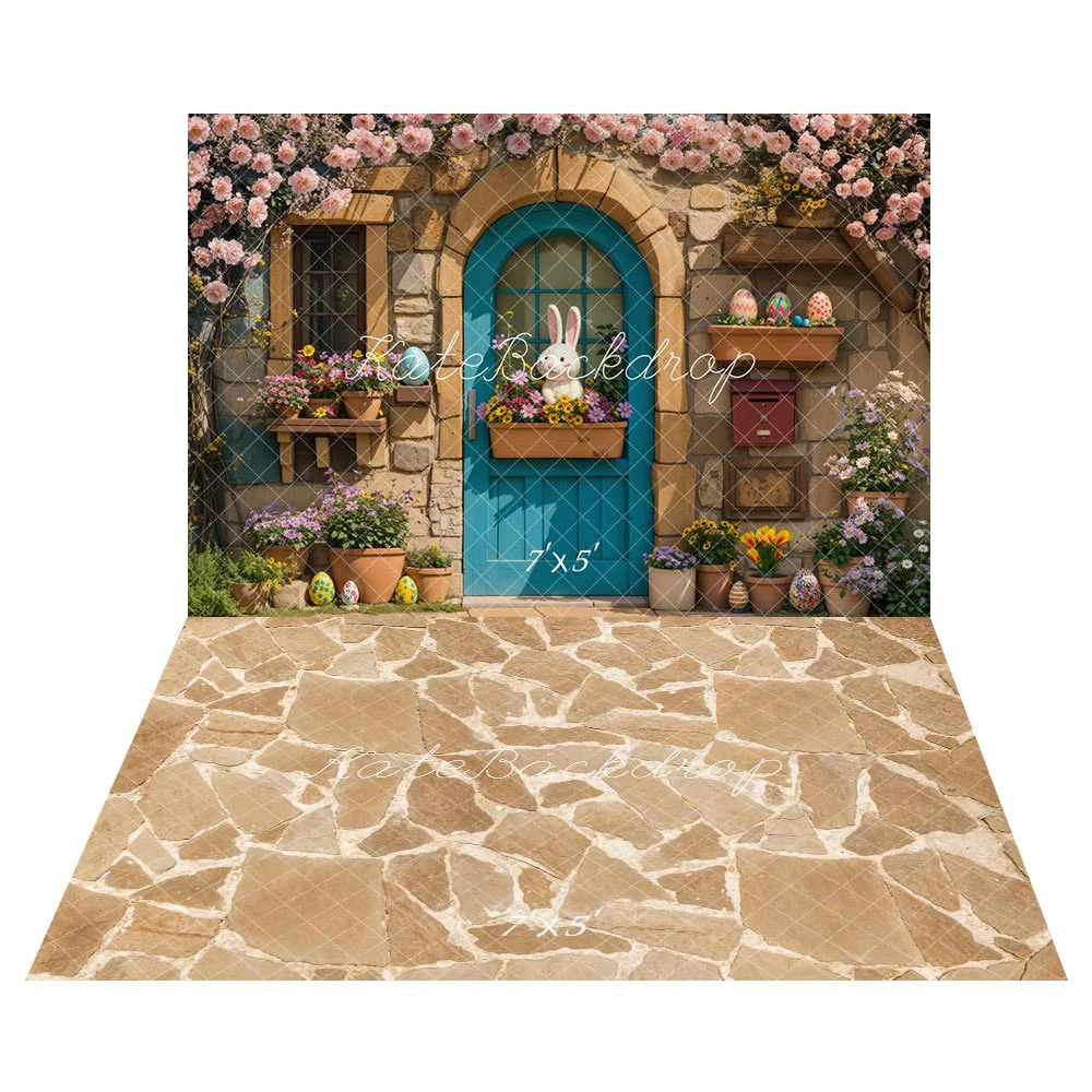 Kate Easter Bunny Floral House Backdrop+Light Brown Cobblestone Floor Backdrop