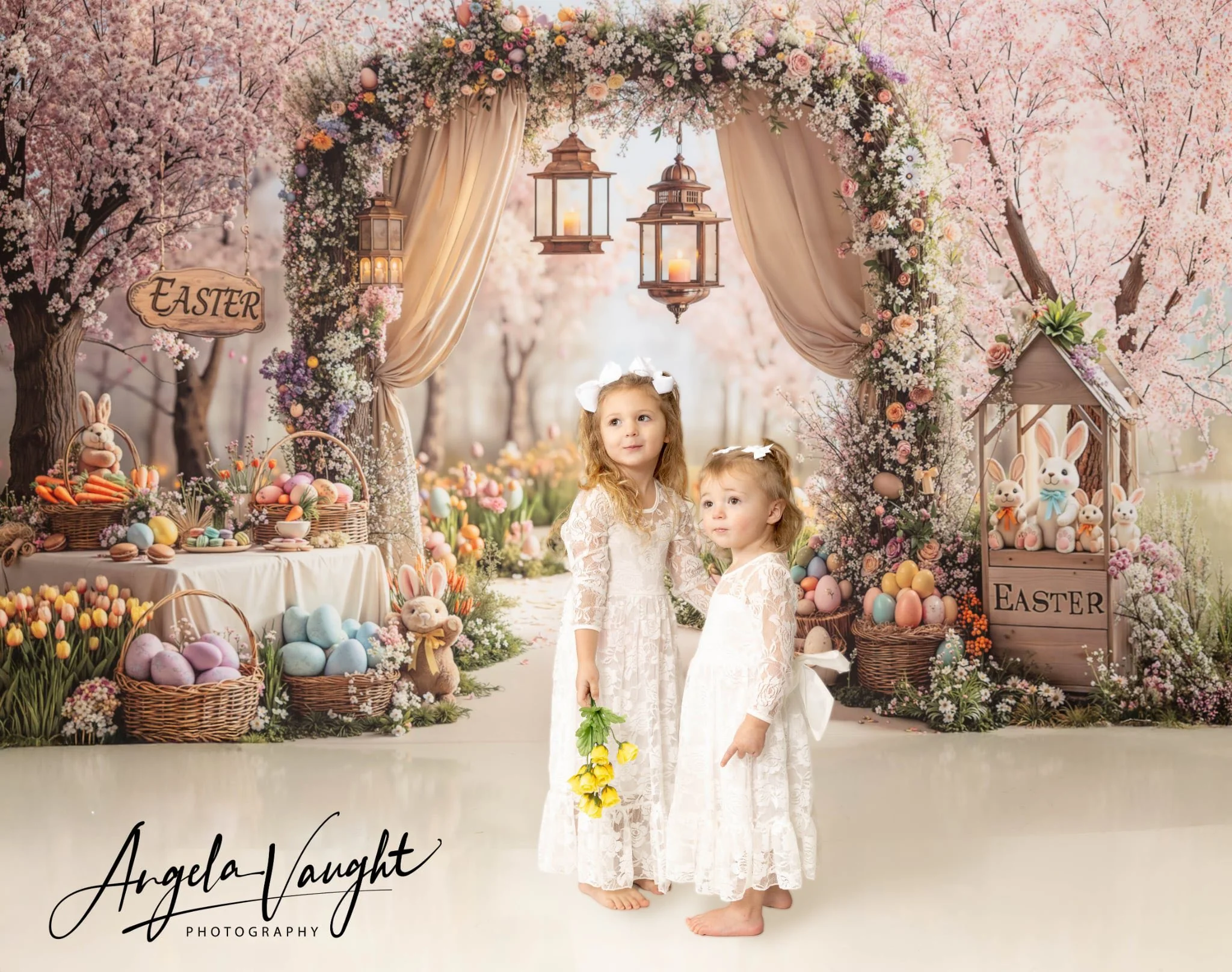 Kate Easter Bunny Floral Arch Eggs Backdrop Designed by Emetselch