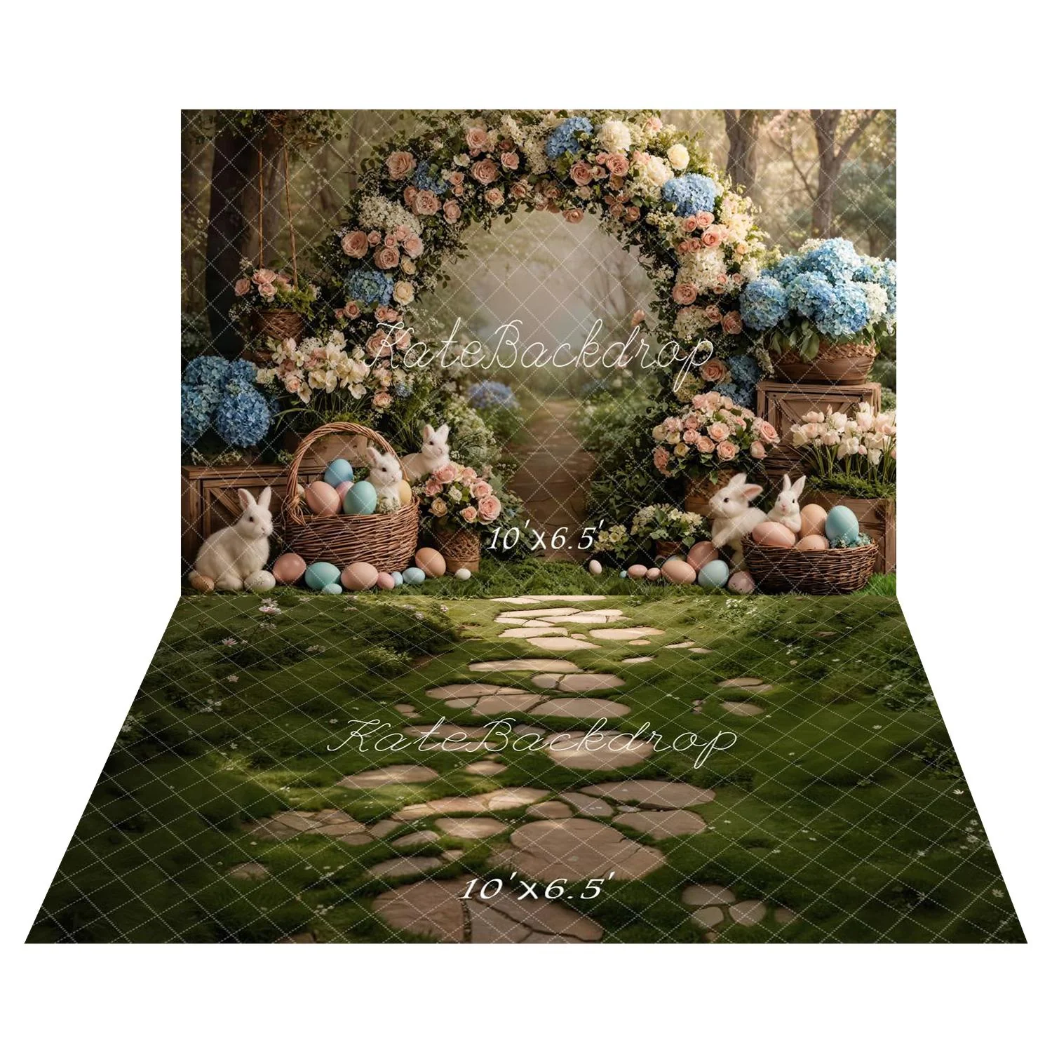 Kate Easter Bunny Flower Arch Forest Backdrop+Stone Pathway Green Grass Floor Backdrop