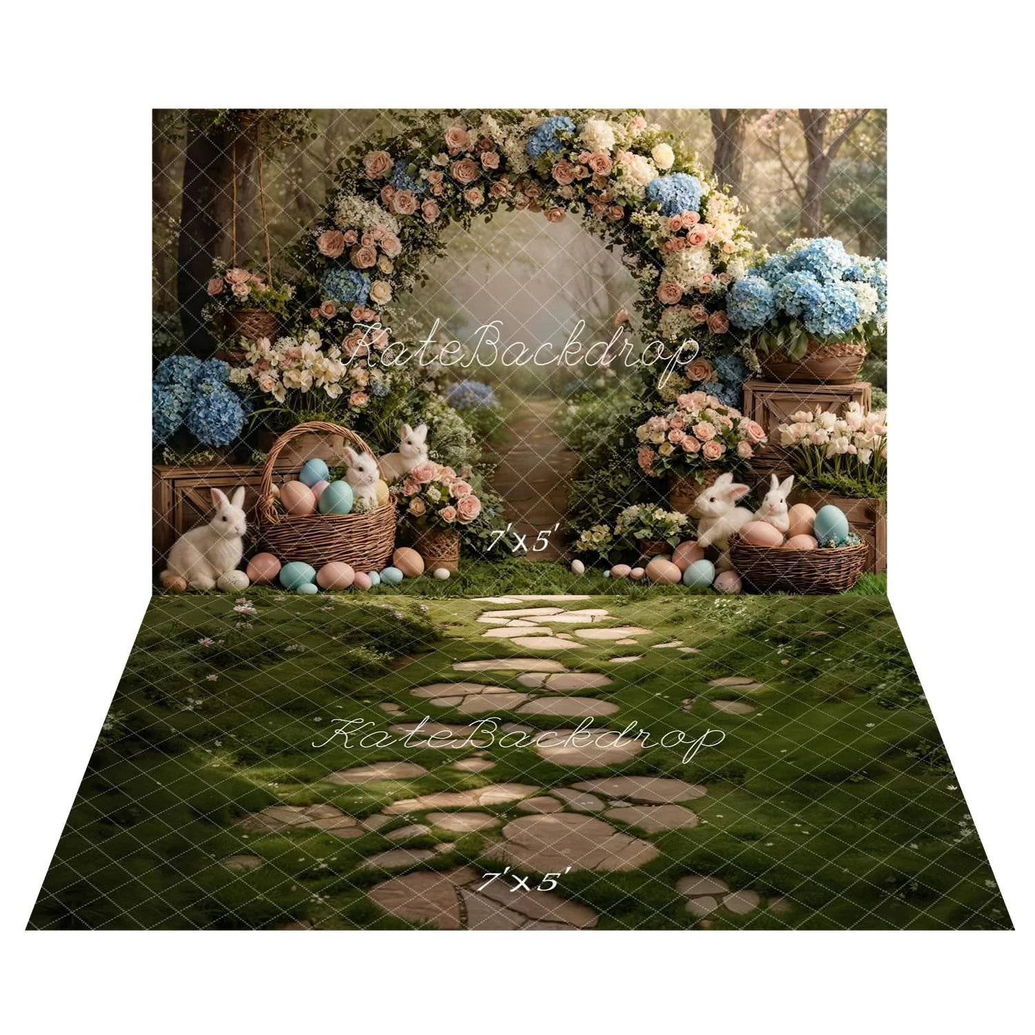 Kate Easter Bunny Flower Arch Forest Backdrop+Stone Pathway Green Grass Floor Backdrop - Image 2