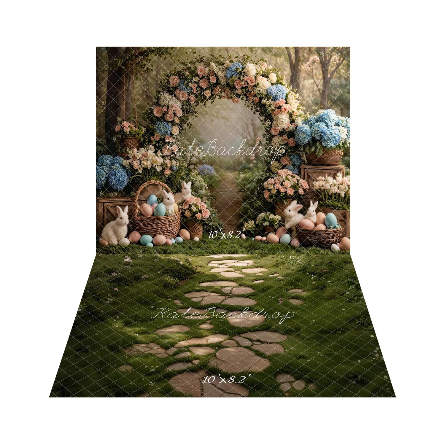 Kate Easter Bunny Flower Arch Forest Backdrop+Stone Pathway Green Grass Floor Backdrop - Image 3