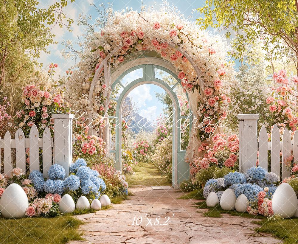 Kate Easter Bunny Garden White Fence Fleece Backdrop Designed by Chain Photography - Image 3