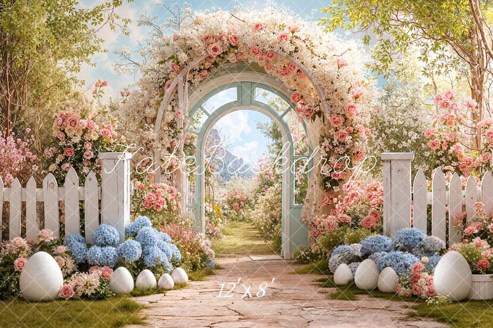 Kate Easter Bunny Garden White Fence Fleece Backdrop Designed by Chain Photography - Image 4