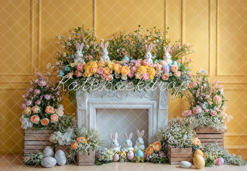 Kate Easter Bunny Flower Fireplace Yellow Backdrop Designed by Emetselch - Image 2