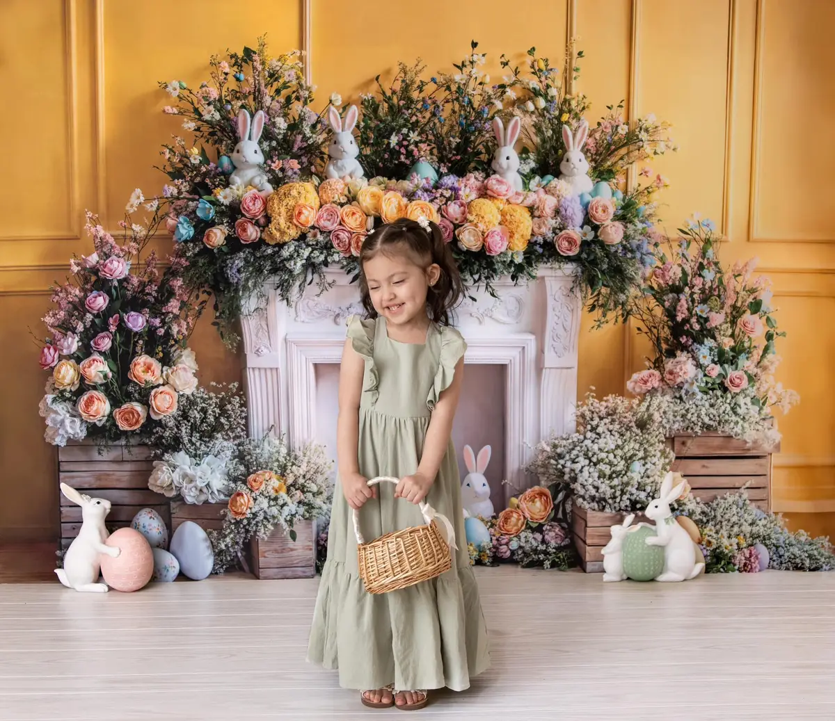 Kate Easter Bunny Flower Fireplace Yellow Backdrop Designed by Emetselch - Image 3