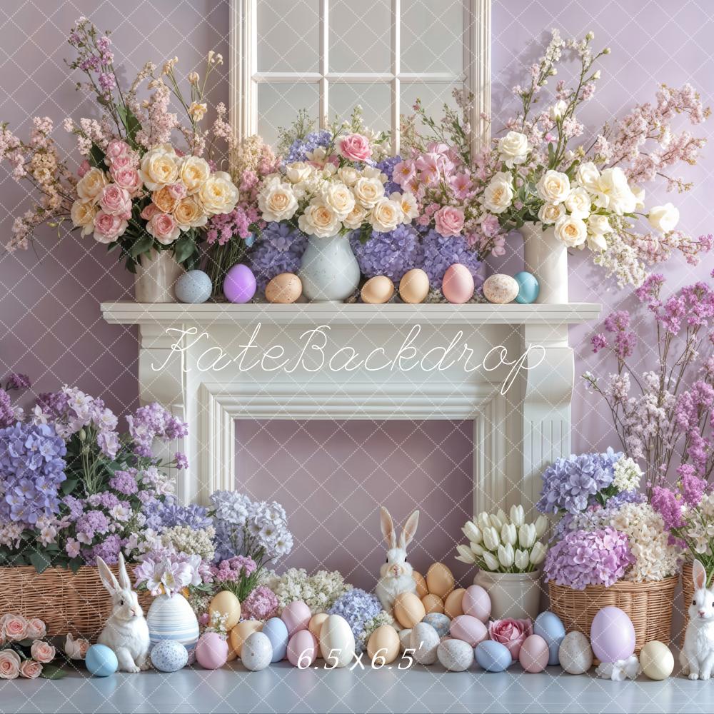Kate Easter Bunny Flowers Fireplace Purple Backdrop Designed by Emetselch - Image 2