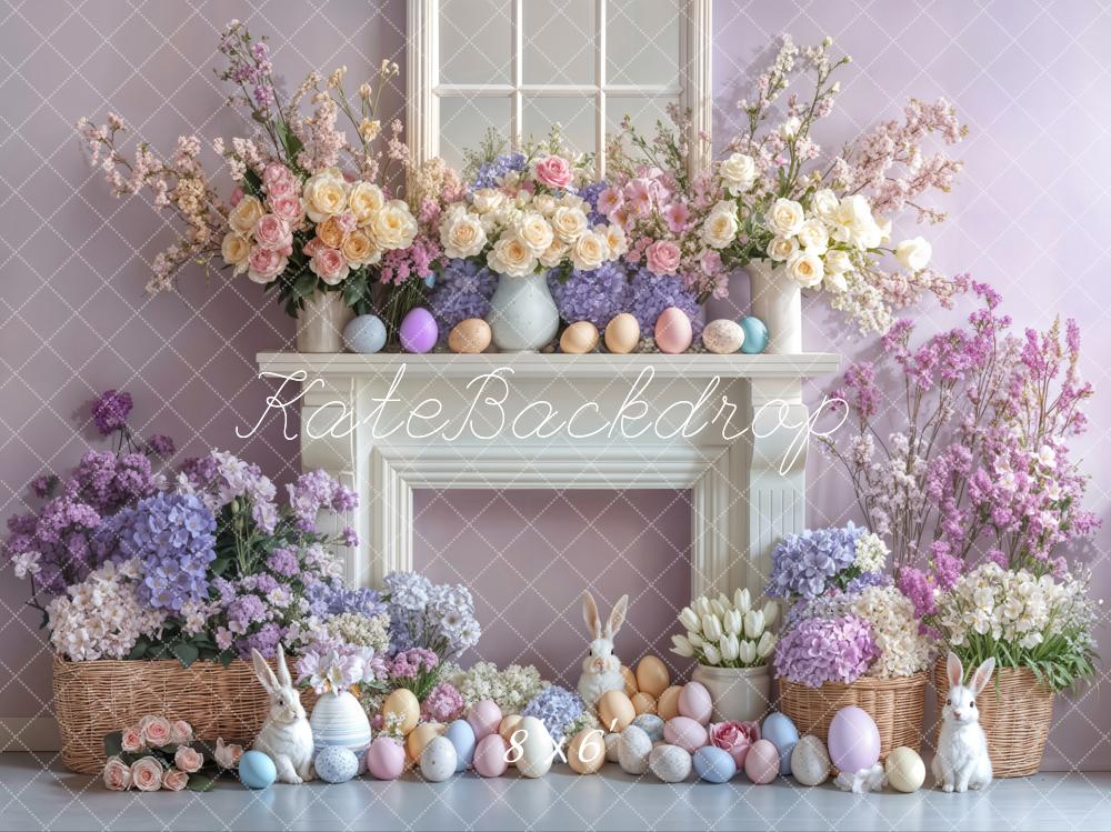 Kate Easter Bunny Flowers Fireplace Purple Backdrop Designed by Emetselch - Image 3