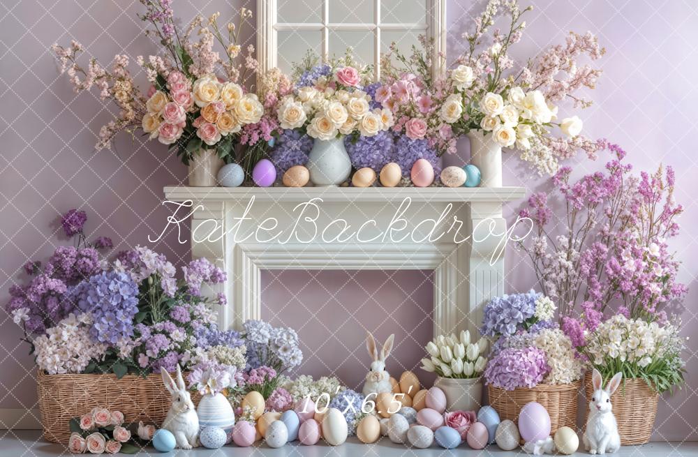 Kate Easter Bunny Flowers Fireplace Purple Backdrop Designed by Emetselch - Image 4