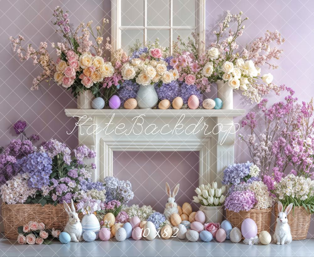 Kate Easter Bunny Flowers Fireplace Purple Backdrop Designed by Emetselch - Image 5