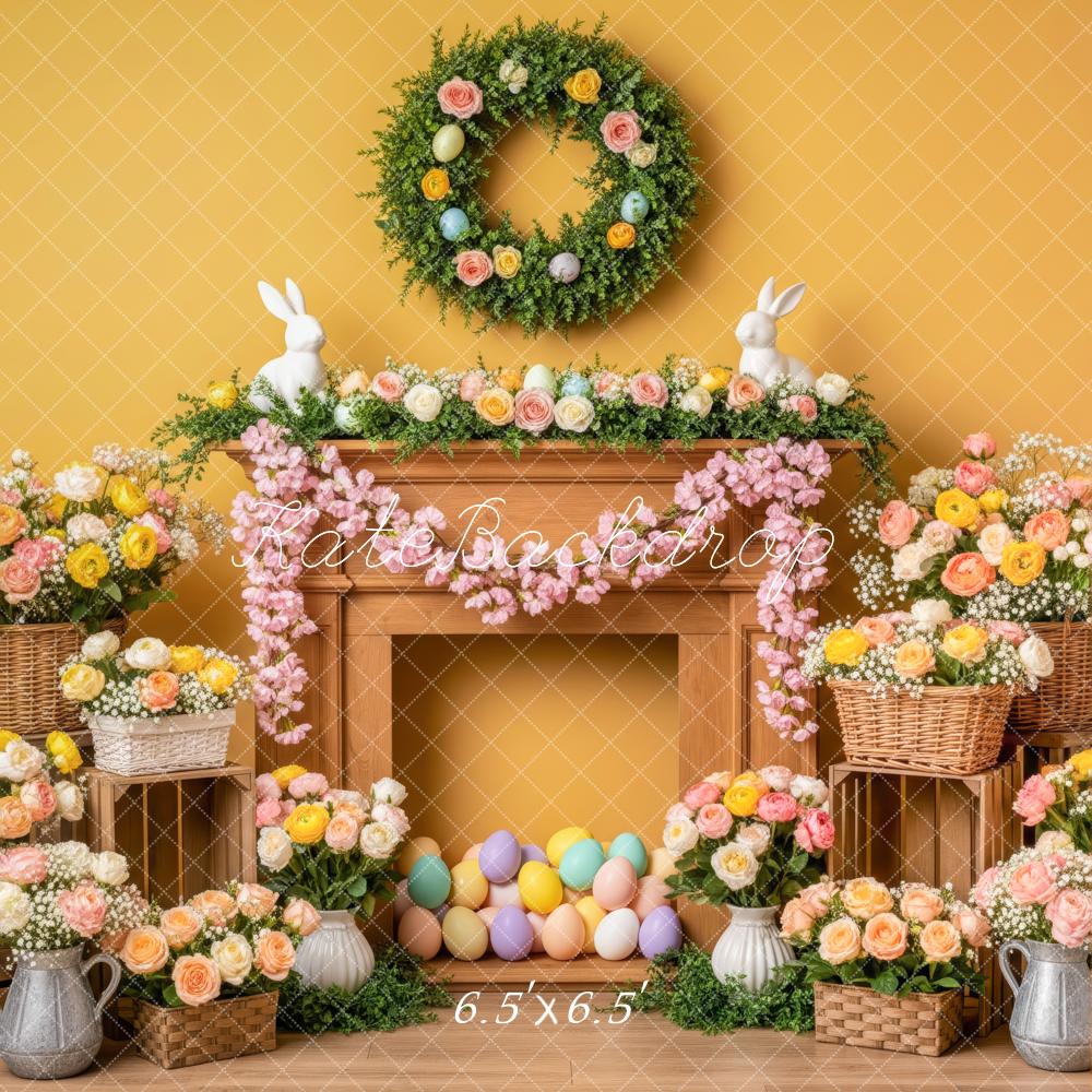 Kate Easter Bunny Flowers Fireplace Yellow Backdrop Designed by Patty Robert - Image 2