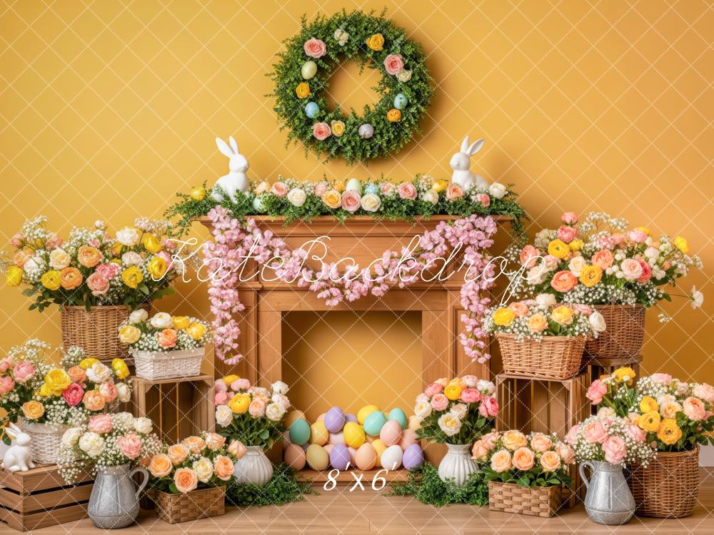Kate Easter Bunny Flowers Fireplace Yellow Backdrop Designed by Patty Robert - Image 3