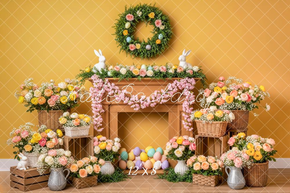 Kate Easter Bunny Flowers Fireplace Yellow Backdrop Designed by Patty Robert - Image 8