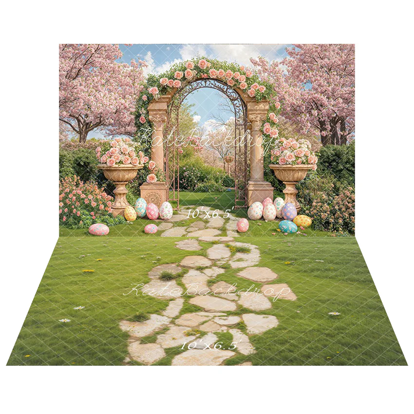 Kate Easter Bunny Garden Eggs Pink Backdrop+Stone Pathway Grass Floor Backdrop