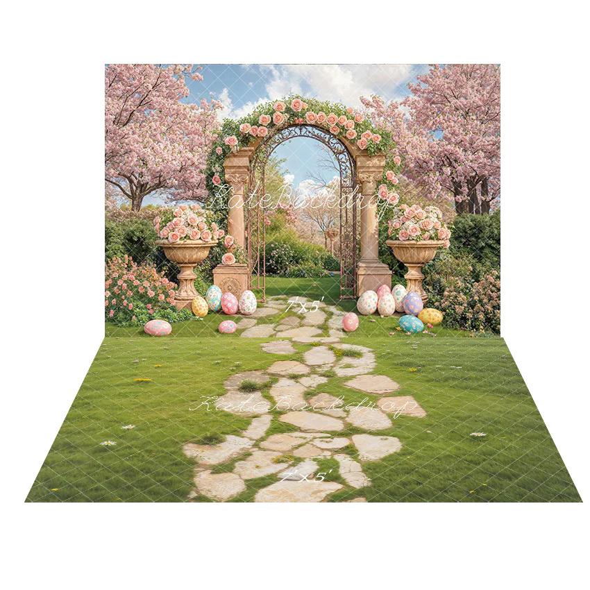 Kate Easter Bunny Garden Eggs Pink Backdrop+Stone Pathway Grass Floor Backdrop - Image 2