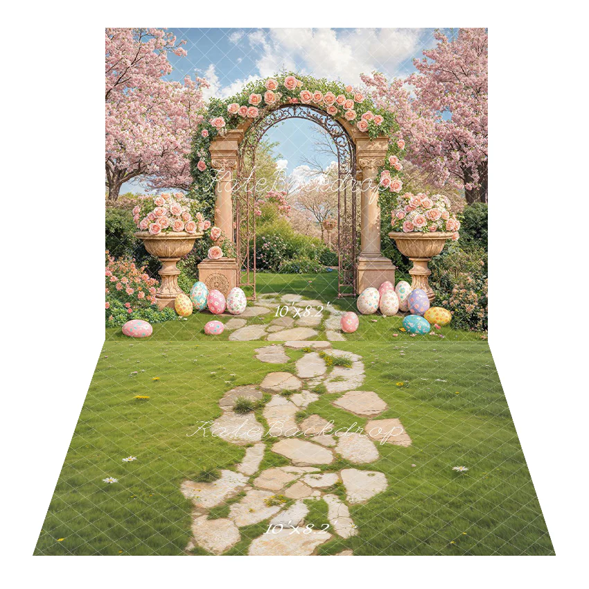 Kate Easter Bunny Garden Eggs Pink Backdrop+Stone Pathway Grass Floor Backdrop - Image 3