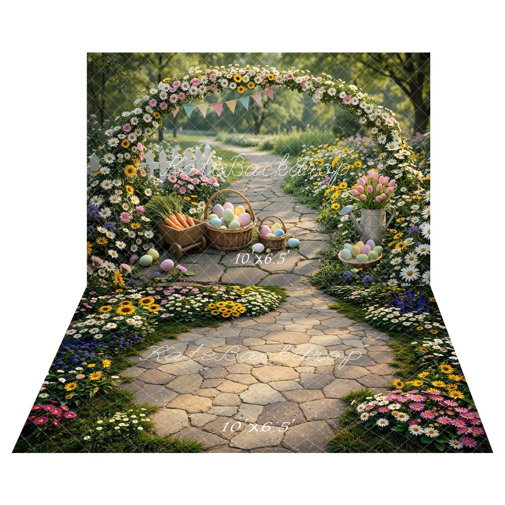 Kate Easter Bunny Garland Garden Eggs Backdrop+Garden Cobblestone Path Backdrop