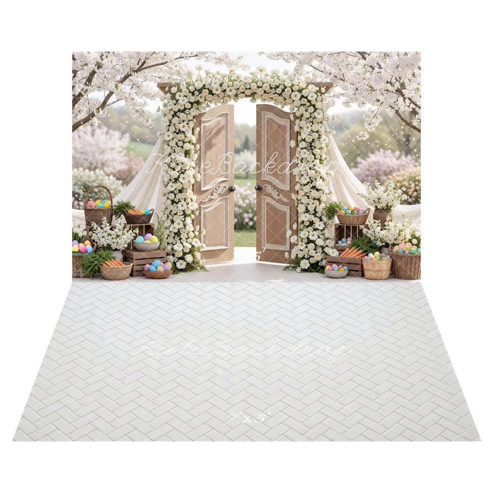 Kate Easter Bunny Garland Wooden Doors Backdrop+White Herringbone Wall Backdrop - Image 2