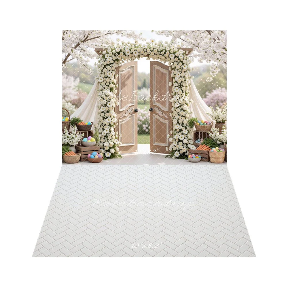 Kate Easter Bunny Garland Wooden Doors Backdrop+White Herringbone Wall Backdrop - Image 3