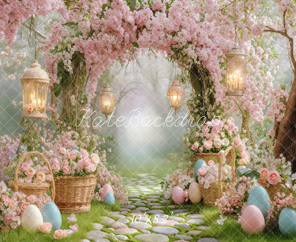 Kate Easter Bunny Pink Floral Arch Lantern Eggs Fleece Backdrop Designed by Emstselch - Image 3