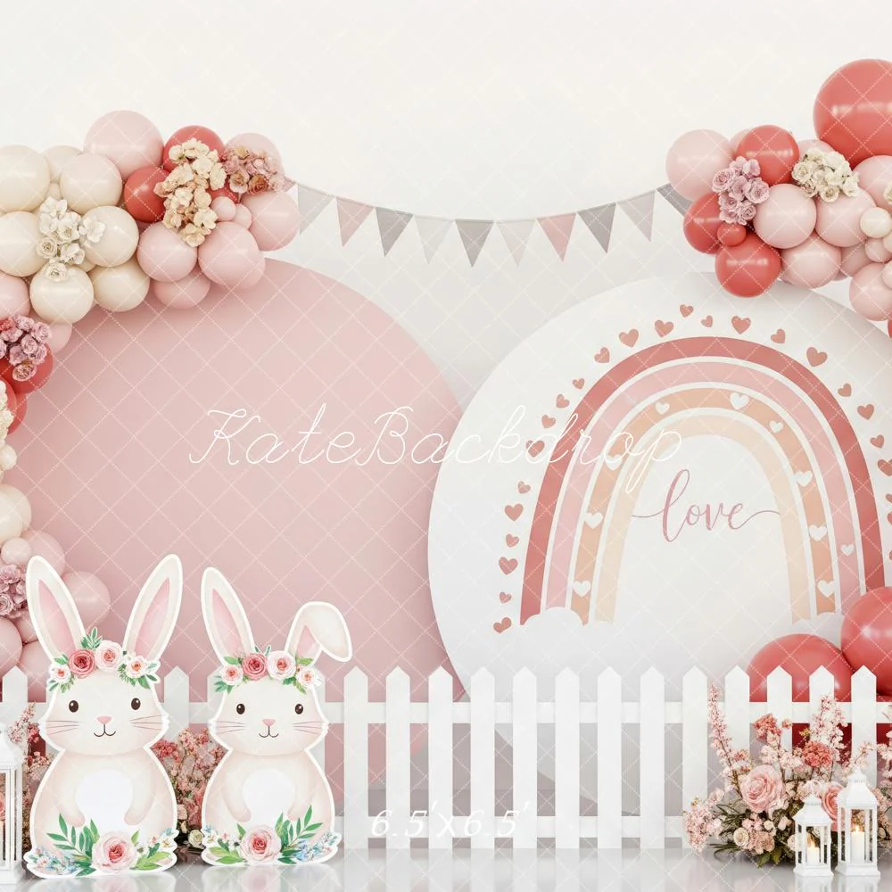 Kate Easter Bunny Pink Balloons Floral Fence Backdrop Designed by Patty Robert - Image 2