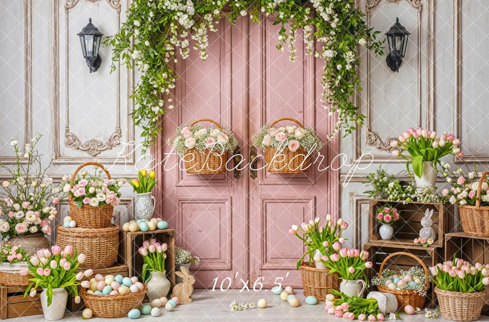 Kate Easter Bunny Pink Door Flower Basket Fleece Backdrop Designed by Patty Robert - Image 2