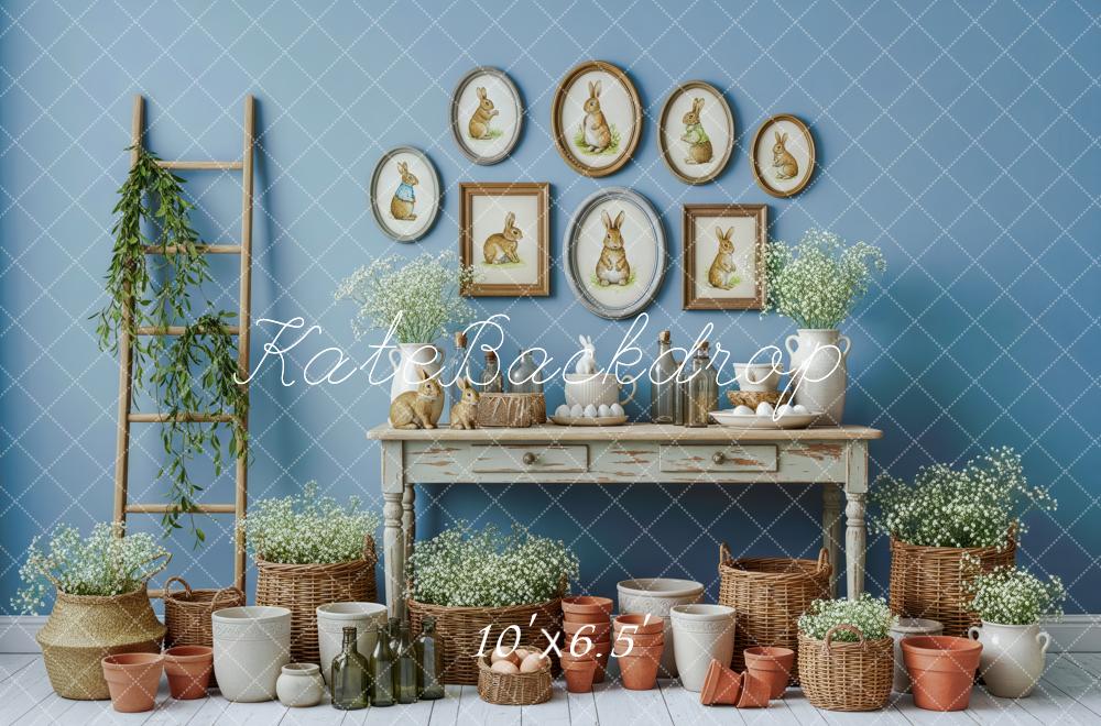 Kate Easter Bunny Pots Baskets Blue Wall Fleece Backdrop Designed by Patty Robert - Image 2