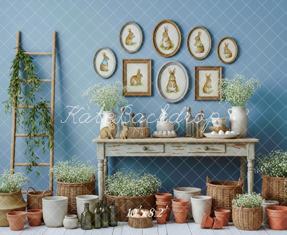Kate Easter Bunny Pots Baskets Blue Wall Fleece Backdrop Designed by Patty Robert - Image 3