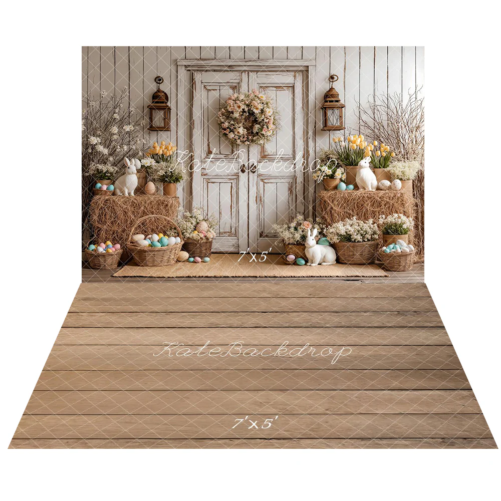 Kate Easter Bunny Rustic Door Egg Backdrop+Light Brown Wood Plank Floor Backdrop - Image 2