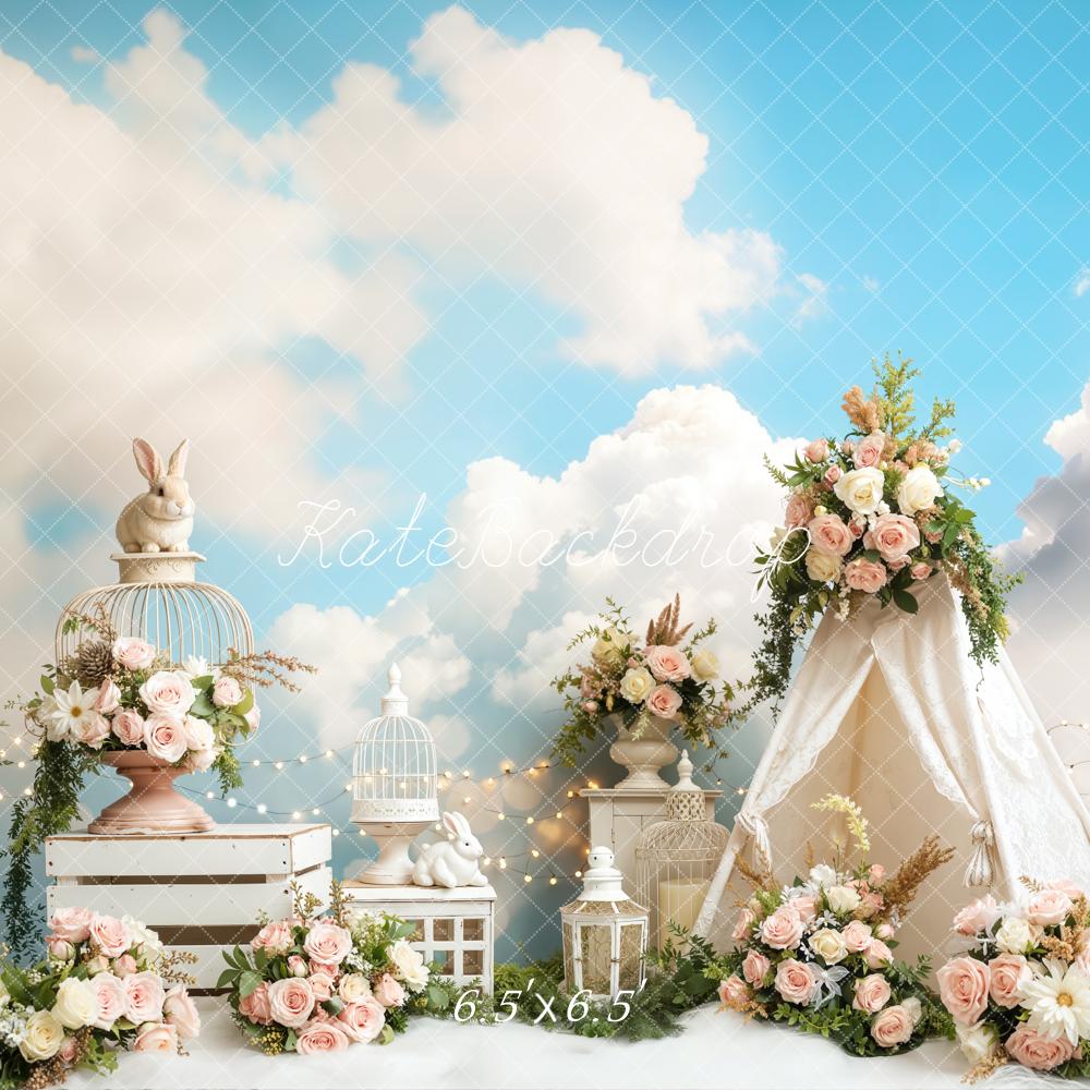 Kate Easter Bunny Tent Floral Clouds Backdrop Designed by Emetselch - Image 2