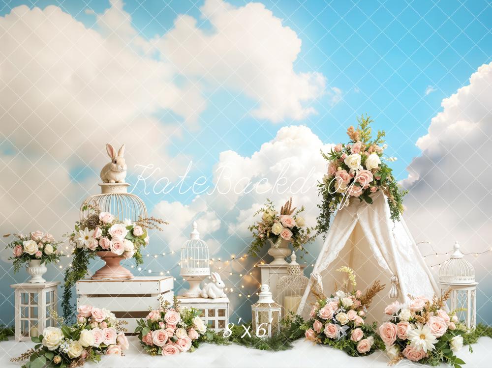 Kate Easter Bunny Tent Floral Clouds Backdrop Designed by Emetselch - Image 3