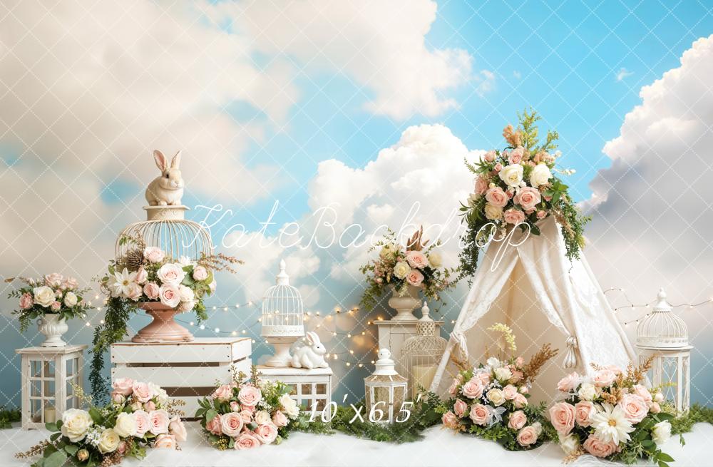 Kate Easter Bunny Tent Floral Clouds Backdrop Designed by Emetselch - Image 4