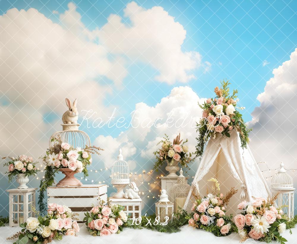Kate Easter Bunny Tent Floral Clouds Backdrop Designed by Emetselch - Image 6