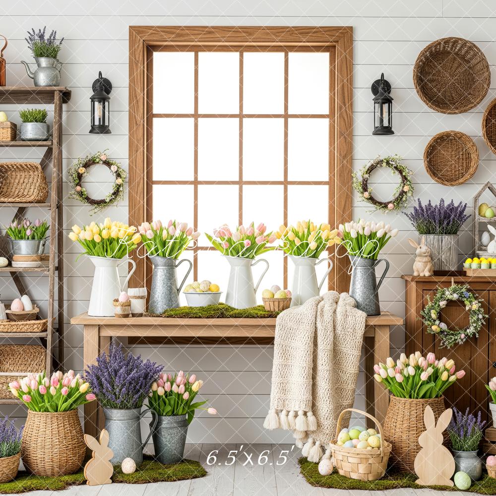Kate Easter Bunny Tulips Wicker Baskets Backdrop Designed by Patty Robert - Image 2