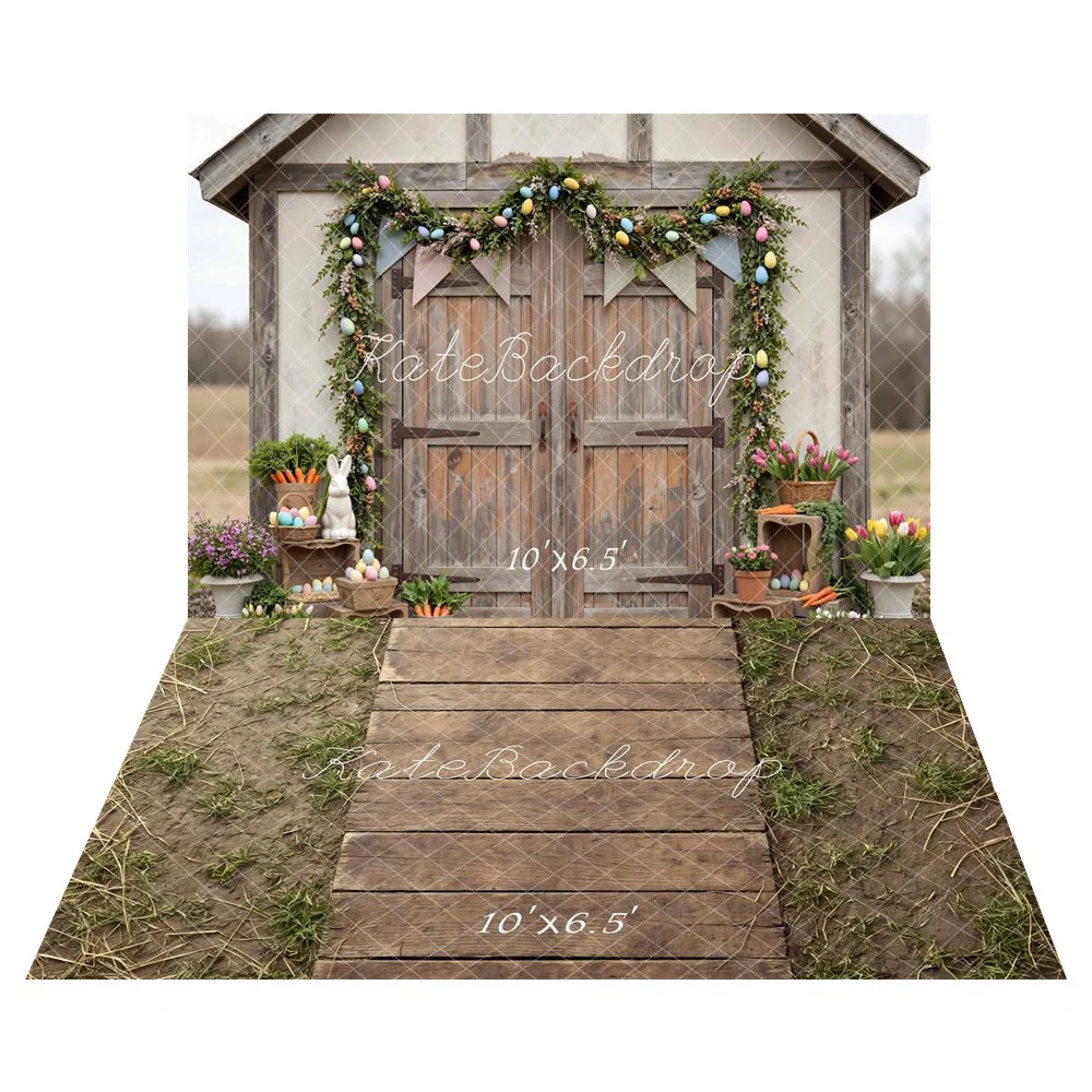 Kate Easter Bunny Wooden Barn Door Backdrop+Plank Path Mud Grass Backdrop
