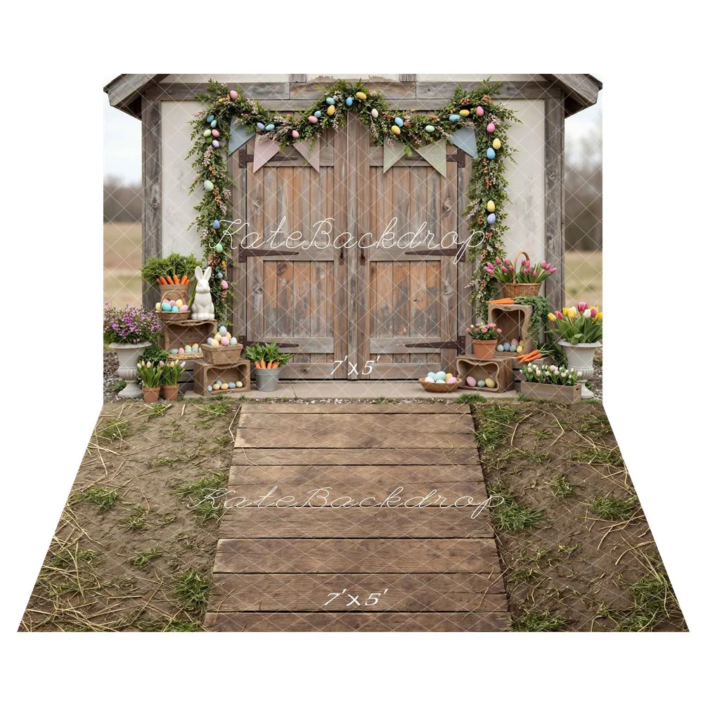 Kate Easter Bunny Wooden Barn Door Backdrop+Plank Path Mud Grass Backdrop - Image 2