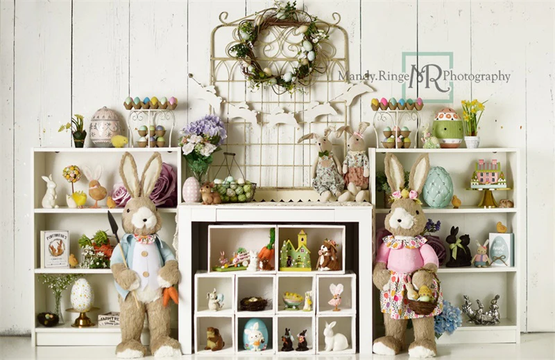 Kate Easter Decorations on Shelves Backdrop Designed by Mandy Ringe Photography