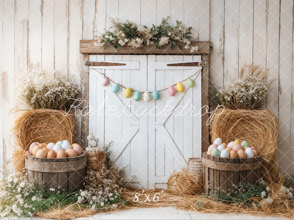 Kate Easter Eggs Floral Barn Door Hay Fleece Backdrop Designed by Emetselch - Image 2