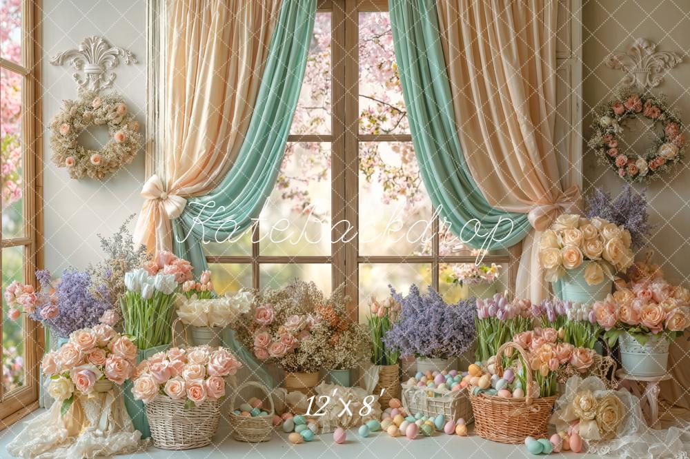 Kate Easter Eggs Flowers Pastel Window Backdrop Designed by Emetselch - Image 8