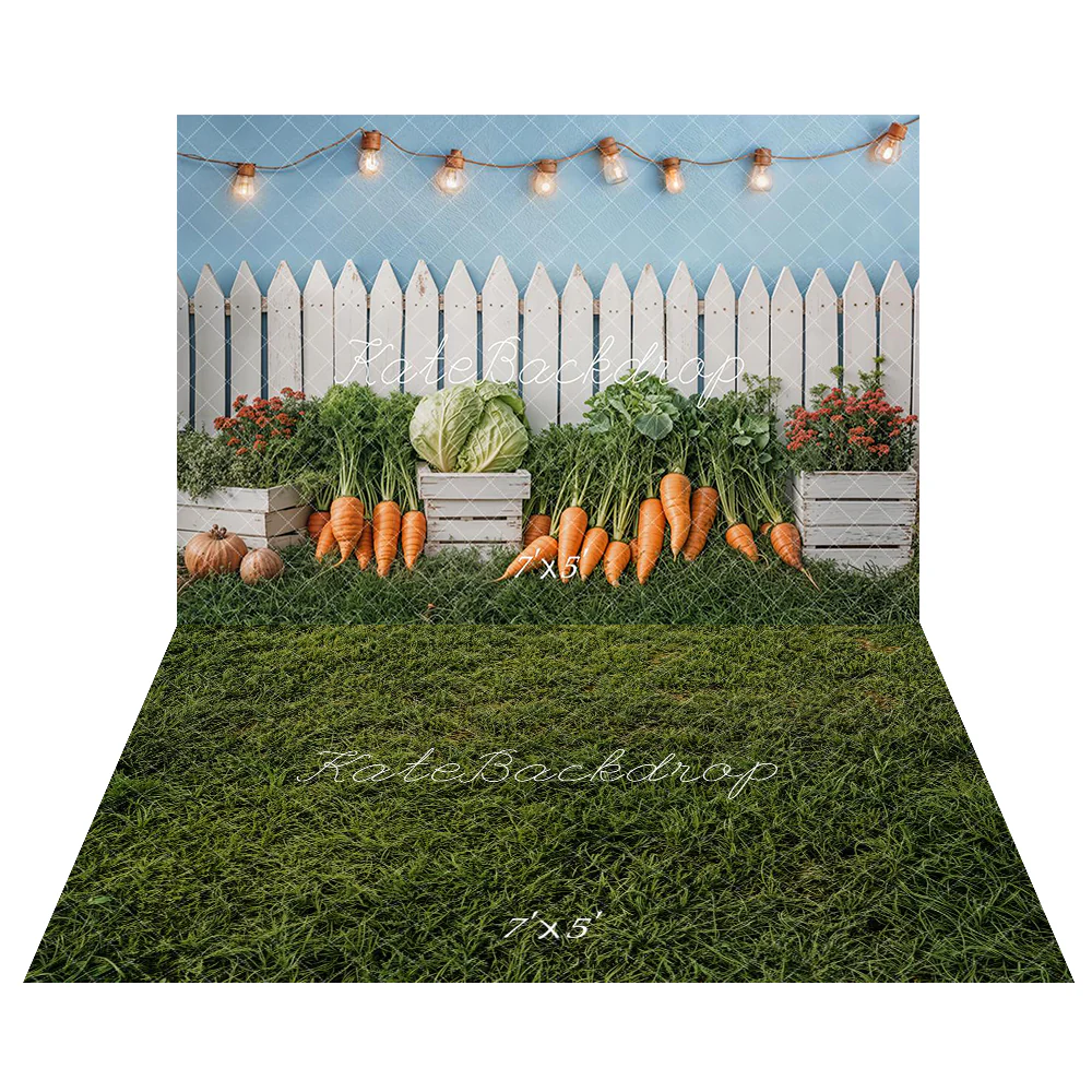 Kate Easter Fence Garden Vegetables Backdrop+Green Grass Lawn Floor Backdrop - Image 2